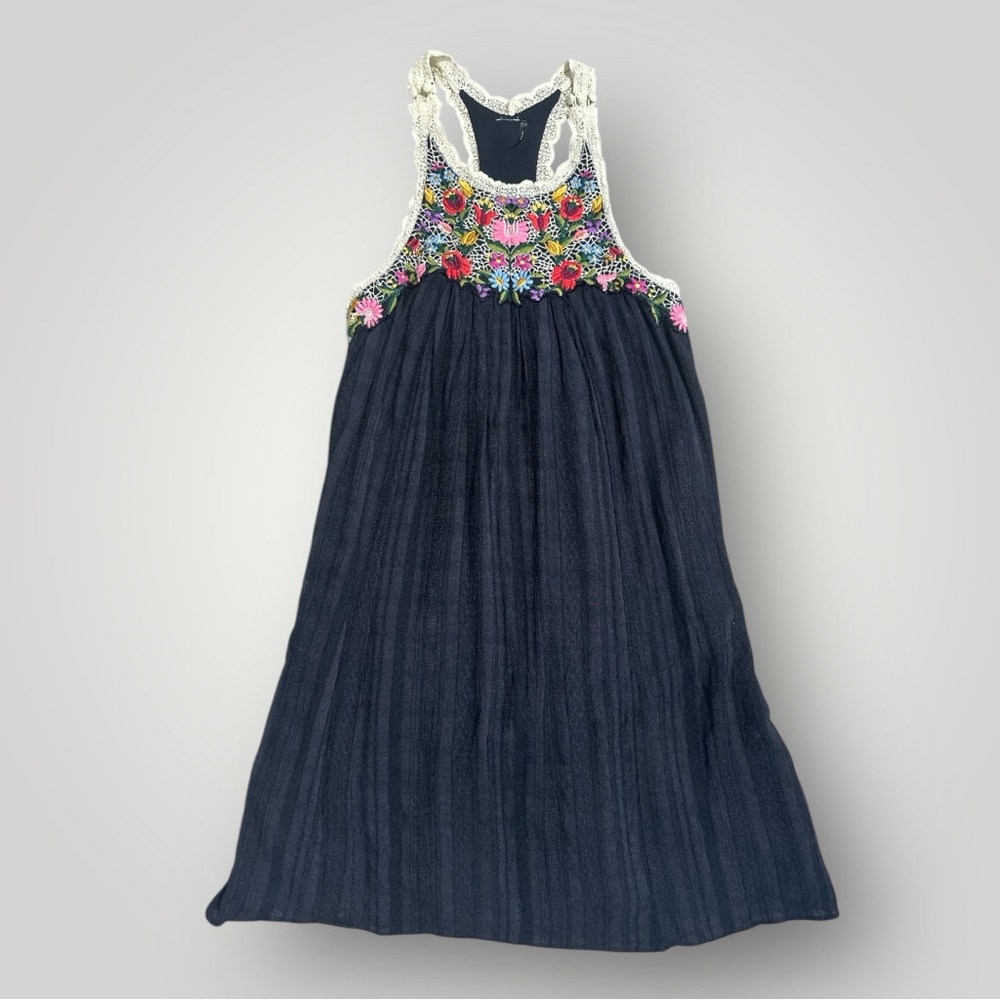 Anthropologie Maeve Black Embroidered Lace Bib Dress XS Boho Folk Floral